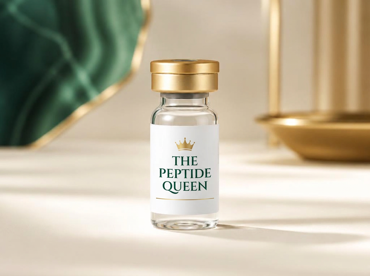 Labeled Peptide Queen vial beside the research scale